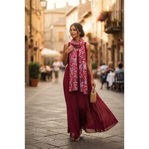 Floral Pattern Pink & Blue Lightweight Scarf Wrap For Women 72" Long x 26" Wide